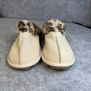 Joyspun Womens Tan Faux Suede Leopard Faux Fur Trim Scuff Slippers Size 10